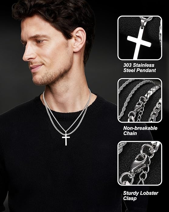 TEN MIRO Silver/Black Cross Necklace for Men Boy Stainless Steel Cross Pendant Necklace for Men Christian Religious Jewelry with Box & Card Birthday Anniversary Christmas Father's Day Gifts for Him
