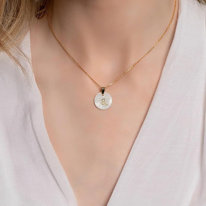 Initial Necklace for Women - Gifts for Women 18ct Gold Vermeil Letter Necklace Genuine Mother of Pearl 925K Sterling Silver Dainty Letter A-Z Necklace