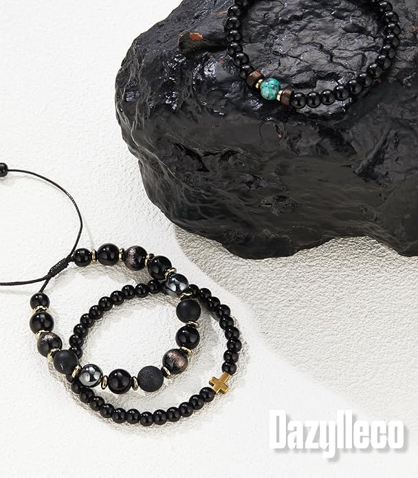 3pc Mens Beaded Bracelets Silver Stainless Steel Chain Bracelet for Men Handmade Braided Bracelet Sets Jewelry Gifts for Men