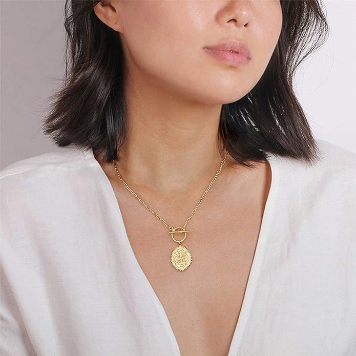 CANEVINKA Dainty Cross Medallion/Heart Pendant Chain Necklace 18K Gold Plated Oval Choker Fashion OT Toggle Jewelry Handmade for Women Simple Gold Charm Necklace