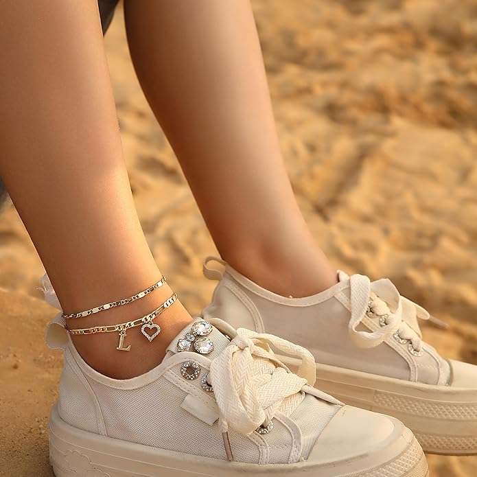 Initial Ankle Bracelets for Women Waterproof 14K Gold Plated Dainty Layered Figaro Chain Letter Initial CZ Heart Ankle Bracelets Set Summer Beach Jewelry for Women