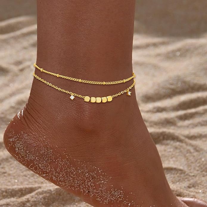 Sterling Silver Anklet Bracelets for Women Waterproof, 925 Sliver Plated CZ & Heart Charm Dainty Layer Anklets for Women Trendy, Simple Chain Anklets Set Gifts for Women, Jewelry Gifts for Her Women Mom Wife Girlfriend