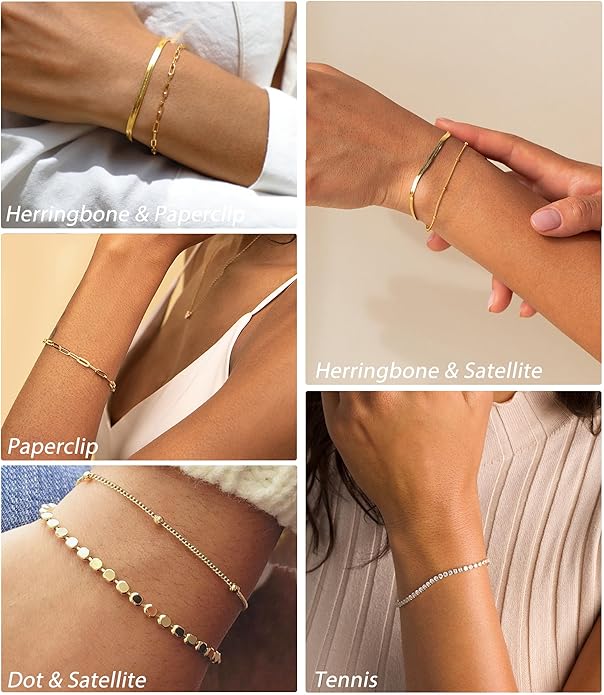 DEARMAY Waterproof Gold Plated Bracelets Set for Women Trendy, Dainty 14K Gold Jewelry Fashion Stackable Tennis Beaded Figaro Herringbone Paperclip Link Bracelet Pack Stack Gifts for Women