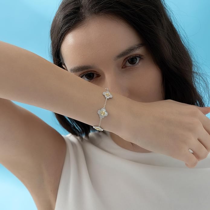 Fydesta 18K Gold Plated Clover Bracelet, Mother of Pearl Four Leaf Flower Bracelet for Women, 6.9" + 2" Adjustable Bracelet, Cross Motif, Gold or Silver Tone