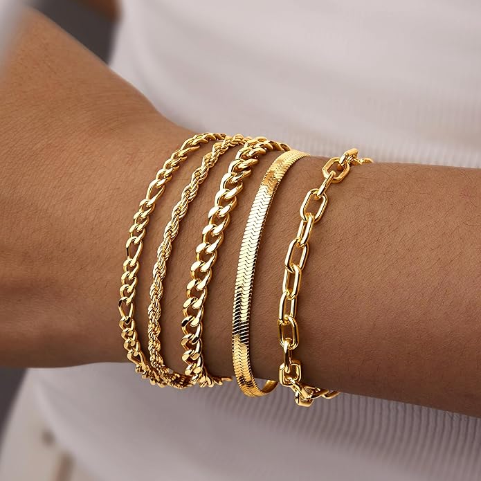 Gold Bracelets for Women Non Tainish,Dainty Bracelets Stack for Women Trendy, Gold Plated Cuff Bracelets Stack With Beaded Cuban Paperclip Snake Rope Bangle Hand Chain Jewelry Gifts for Women