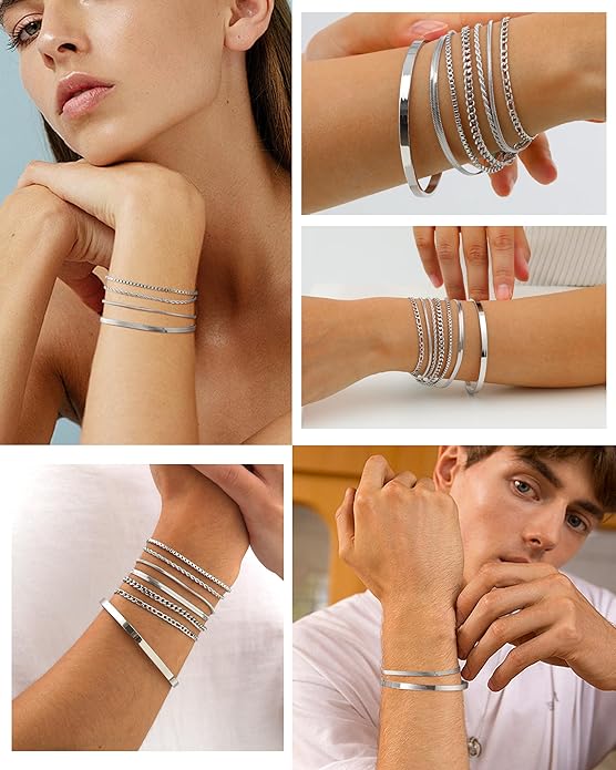 VNOX 5/7 Pcs Chain Bracelet for Men Women - Sturdy Stainless Steel Curb Width Cuban Link Chain Bracelet Set for Men Women,6.5/7/7.4/8.2/9 Inches