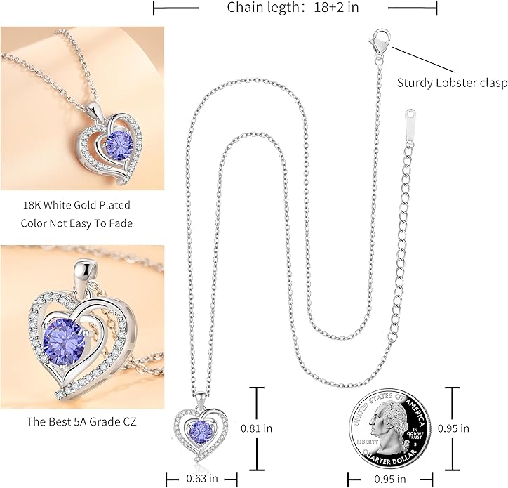 Heart Necklace, I Love You Always & Forever, Birthstone Cubic Zirconia Pendant, Gift for Women