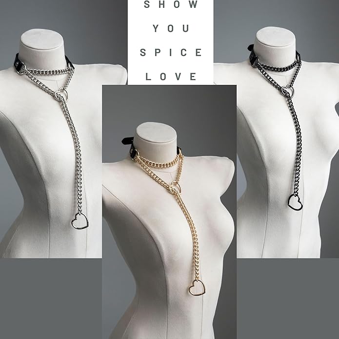 Handmade Black Heart Choker Collar For Women, Punk Gothic O-ring Slip Chain Necklace with Adjustable Vegan Leather Buckle