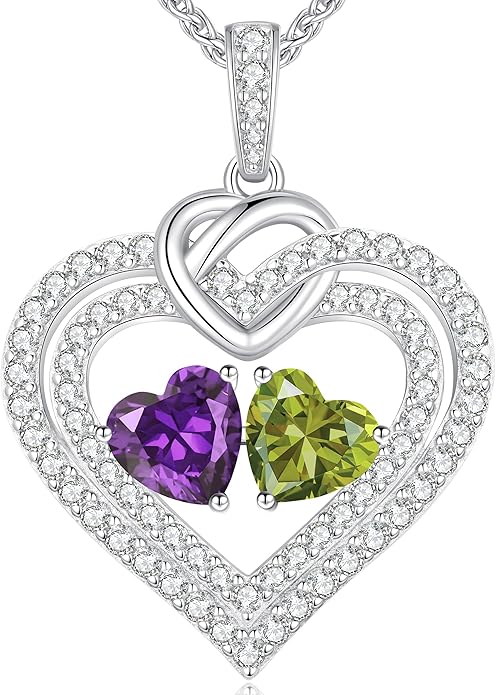 LOUISA SECRET Sparkling Double Heart Birthstone Necklaces for Women, 925 Sterling Silver Fine Jewelry, Pendant Heart Necklaces Birthday Anniversary Christmas Gift for Women Wife Mom Girlfriend Lady