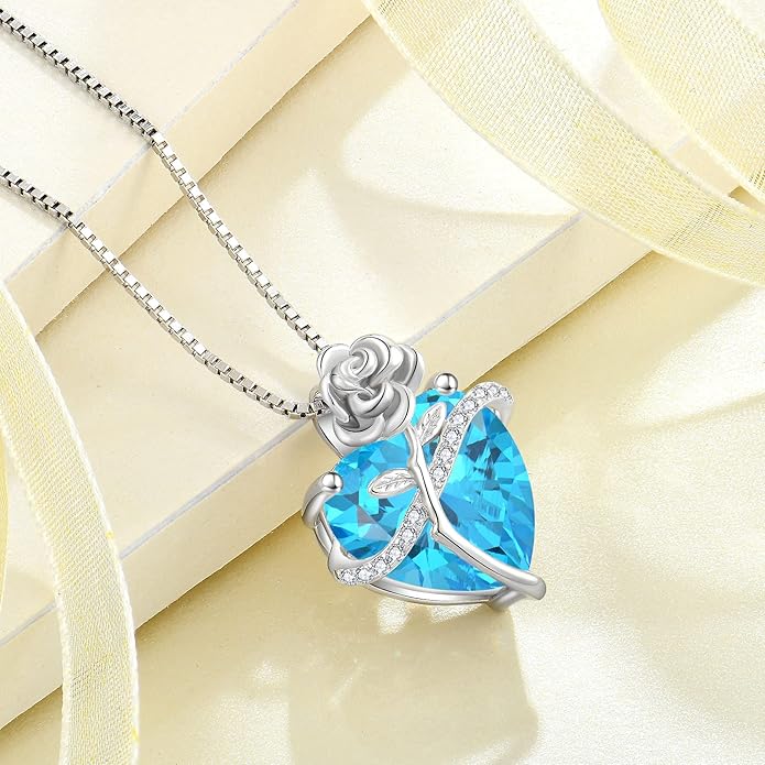 Birthstone Necklace for Women 925 Sterling Silver Love Heart Rose Flower Necklace Dainty Jewelry Gifts for Women Wife Girlfriend Mother Daughter Her