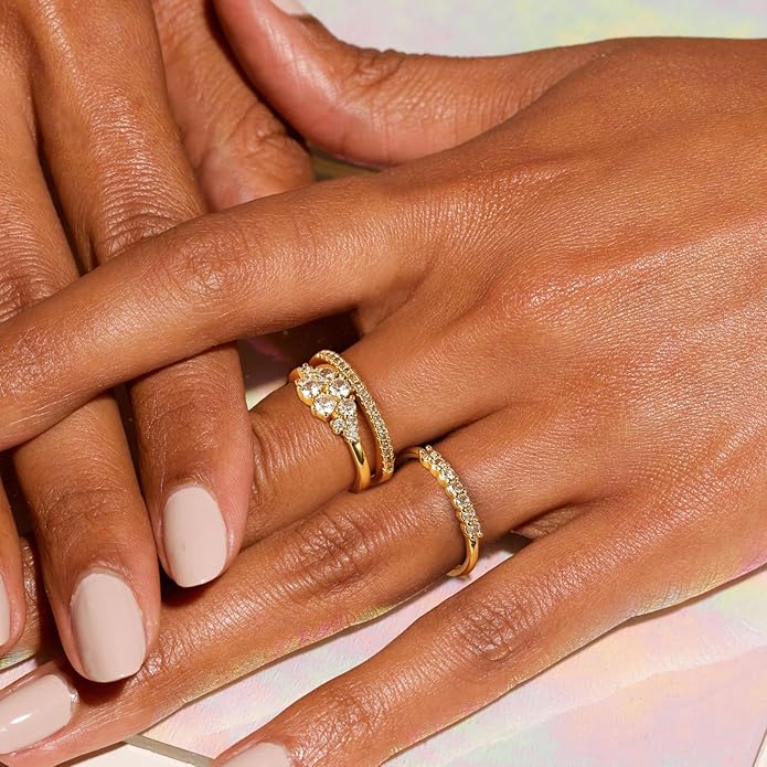 Stackable Gold Rings for Women Non Tarnish Dainty 14K Gold Plated 3PCS Cubic Zirconia Thumb Ring Set Trendy Statement Promise Wedding Bands Engagement Rings Size 6 7 8 9 10