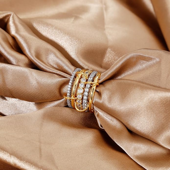 BROCC Stackable Rings for Women 18K Gold Plated Non Tarnish Cubic Zirconia Two-Toned Connected Bands Silver Gold Multi Ring Mixed Metals Stacking Rings Set