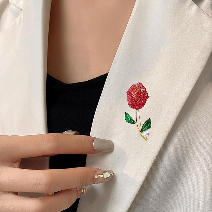 Just Follow Red Rose Flower Brooch with Rhinestones Sparkling Floral Pin for Women Vintage Blazer Jacket Dress Hat Scarf Accessory