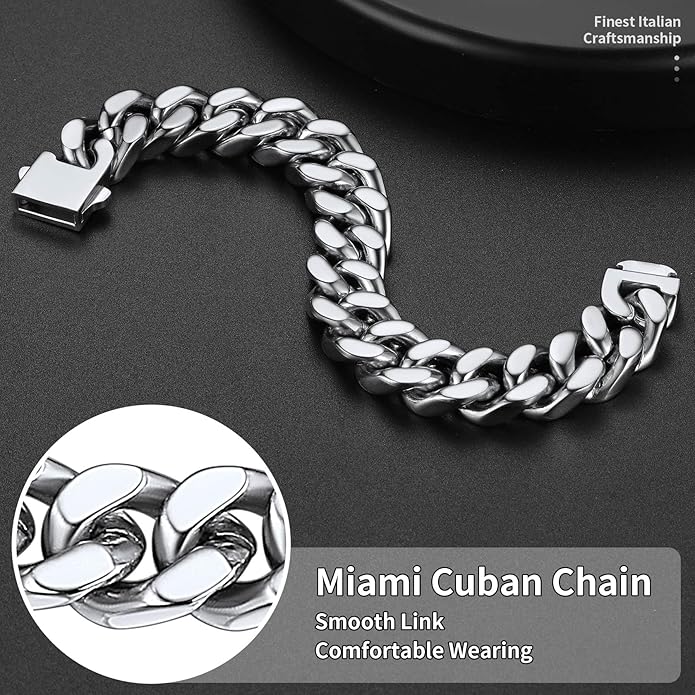 ChainsHouse Stainless Steel Cuban Link Bracelet for Men, 5mm/7mm/9mm/12mm Width, 7.5"/8.3"/9" Length, Black/18K Gold Plated Chain Wrist Bracelets for Men, with Gift Box