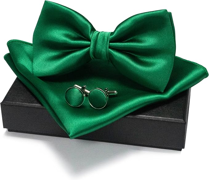 JEMYGINS Solid Color mens Pre-tied Bow Tie and Pocket Square Cufflinks Sets with Gift Box