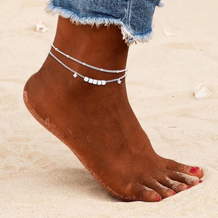 Sterling Silver Anklet Bracelets for Women Waterproof, 925 Sliver Plated CZ & Heart Charm Dainty Layer Anklets for Women Trendy, Simple Chain Anklets Set Gifts for Women, Jewelry Gifts for Her Women Mom Wife Girlfriend