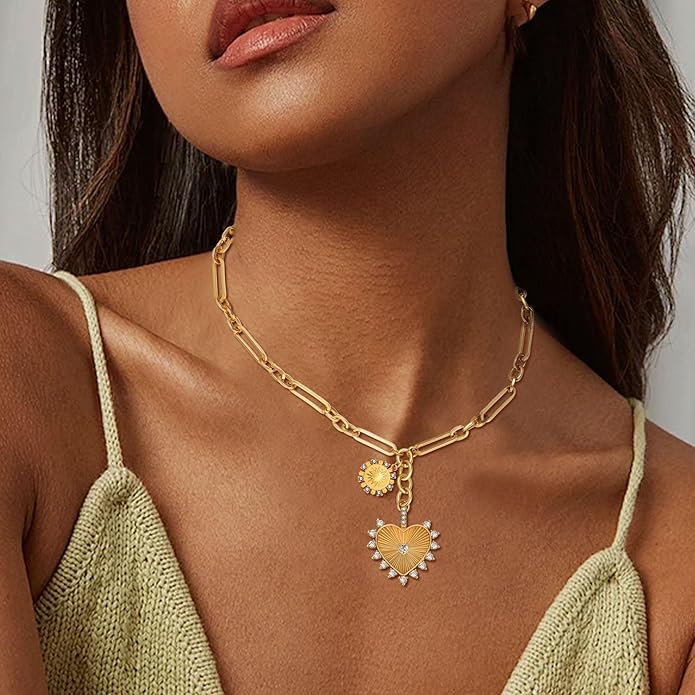 Chunky Gold Necklace for Women, 18K Waterproof Heart Necklace Statement Necklace Gold Charm Necklace Chunky Jewelry Paperclip Chain Choker Gift for Women