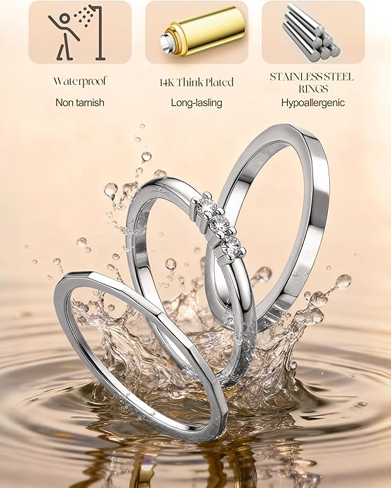FIBO STEEL 14K Gold Plated Stackable Rings for Women Non Tarnish - Dainty Rings Cubic Zirconia Thin Ring Set Minimalist Thumb Stacking Ring Size 5-11
