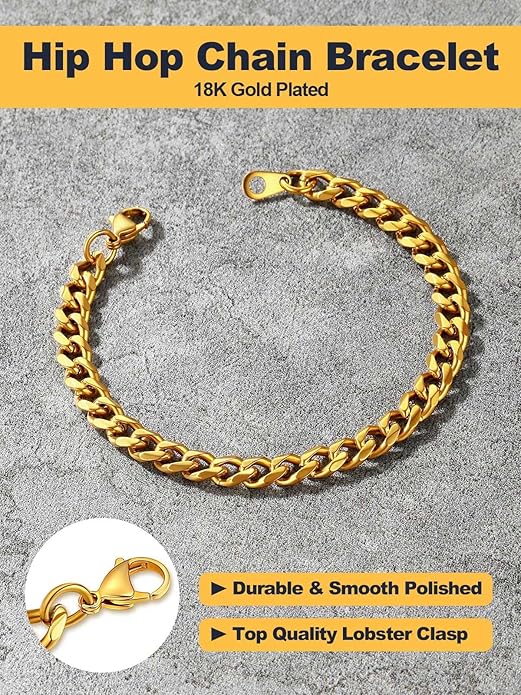 U7 Link Bracelets for Men, Cuban Link/Rope/Watch Band Solid Bracelet, Silver Black Gold Color Wrist Bracelet 3/6/9/12/15mm Width, 6.5/7.5/8.3 Inch Length, Hand Chain Jewelry for Mens Women