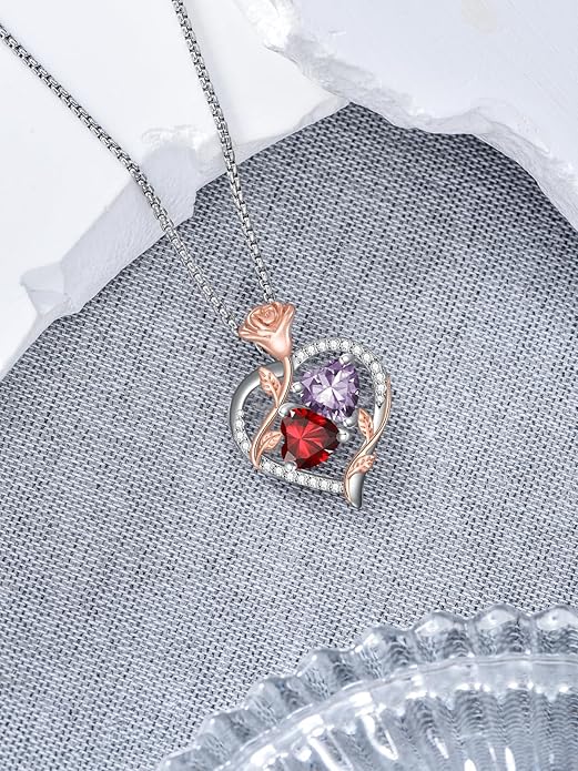 Christmas Gifts for Women Rose Heart Birthstone Pendant Necklace I Love You Forever Jewelry Valentine Mothers Day Birthday Gifts for Women Her Wife Girlfriend