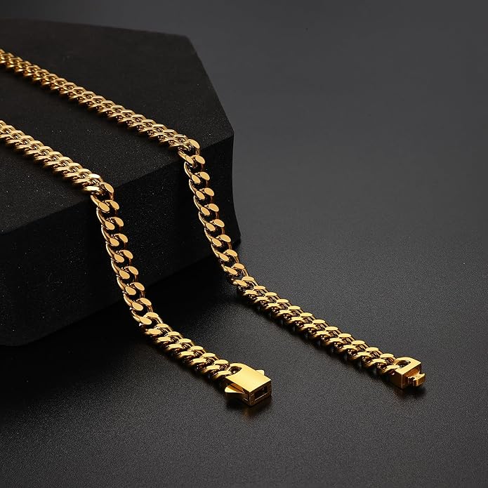 Fiusem Valentines Day Gifts for Him Silver Tone/Black/14K Gold Plated Chain Necklace for Men, 5mm/6mm/7.5mm/8mm/9mm Stainless Steel Cuban Link Chain Necklace, Men's Chains 18-28 Inch Jewelry Gifts