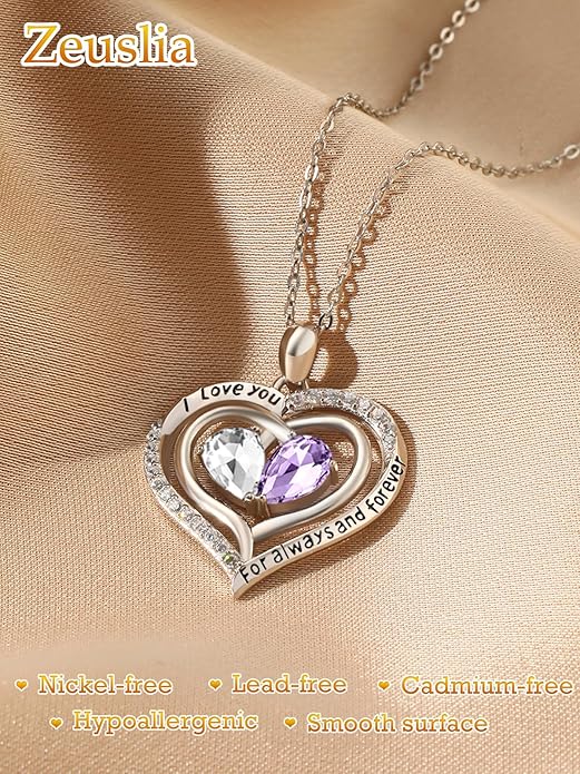 Zeuslia Double Birthstone Necklace Gifts for Wife - 925 Sterling Silver Sunflower/Rose/Crown Cross/Compass/Heart Pendant I Love You Necklace, Anniversary Birthday Gifts for Wife Girlfriend Mom Her