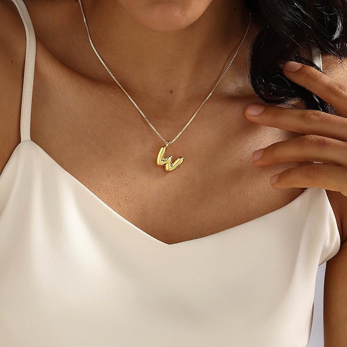 Bubble Gold Silver Letter Necklace Initial Necklaces for Women Trendy 14K Dainty Charm Pendant Name Necklace Personalized Jewelry Gift for Women Teen