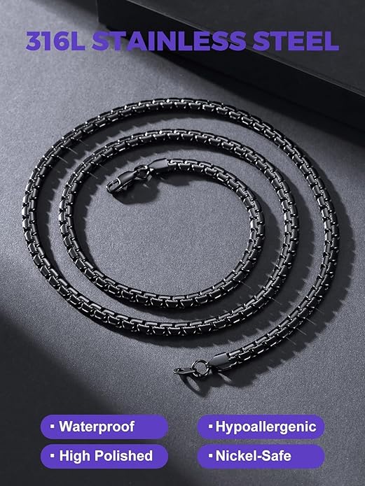 Richsteel Stainless Steel Mens Flat Link Chain Necklace, Black/Gold/Steel Chain for men, 2mm/4mm/6mm Width, No Tarnish & Hypoallergenic Hip Hop Jewelry, 18"-30" Length