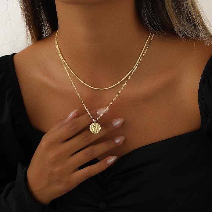 Layered Necklaces for Women 14K Gold Plated Stack Circle Pendant Trendy Long Chain Stackable Handmade Coin Necklace Set Dainty Gold Stacked Jewelry Gifts