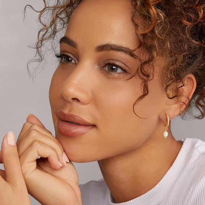 14K Gold Plated Pearl Dangle Earrings for Women, Small Pearl Drop Huggie Hoop Earrings, Hypoallergenic Dainty Gold Wedding Earrings Jewelry Gifts for Women Trendy