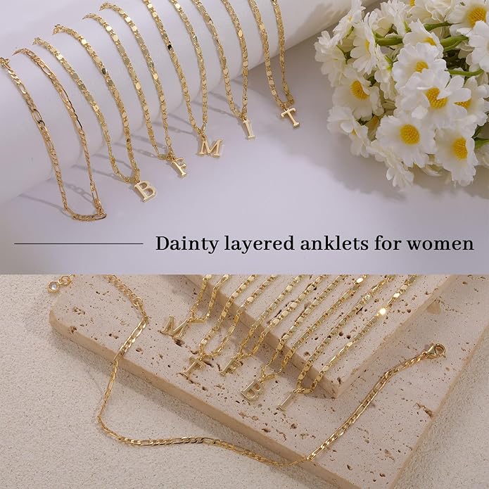 Tasiso Initial Ankle Bracelets for Women，Layered Waterproof Anklet for Women 14K Gold Filled Anklets Layering Thin Figaro Letter Anklet Summer Jewelry Gifts for Women