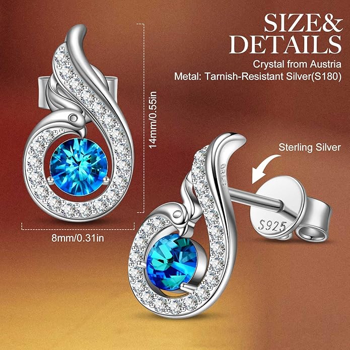 Kate Lynn "Rise From the Ashes" Sterling Silver Phoenix Earrings, Stud Earrings with Crystals from Austria, Packaged with Jewelry Box, Birthday Gifts for Women, Symbol of Luck and Renewal
