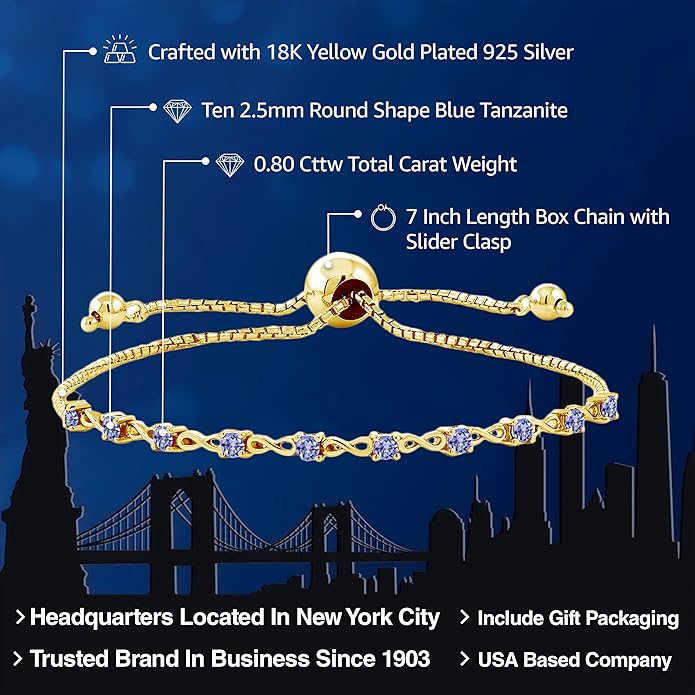 Gem Stone King Round Gemstone Birthstone Tennis Bracelet For Women | 925 Sterling Silver | 2.5MM Round | Fits Up To 9 Inch Wrist | Adjustable Bolo Bracelet For Women | Easy-On Easy-Off