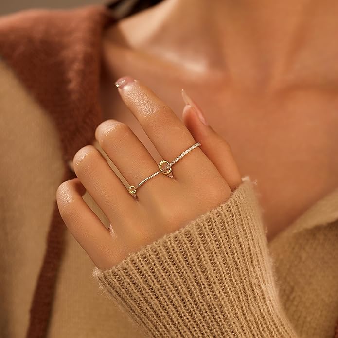 SUYACS 14K Gold Plated Interlocked Stackable Rings for Women Non Tarnish 925 Sterling Silver Mixed Metals Multi Statement Stack Ring Two Tone Connected Bands CZ Thumb Ring Jewelry Gifts