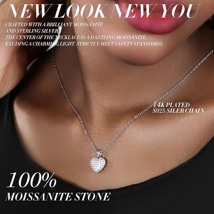 Pendant Necklaces for Women 925 Sterling Silver with Moissanite & Genuine Jewelry, Lucky Clover, Butterfly, Pink Crystal Heart Design, 14K White Gold Plated Nacklace, Mom Wife Women's Birthday Gifts