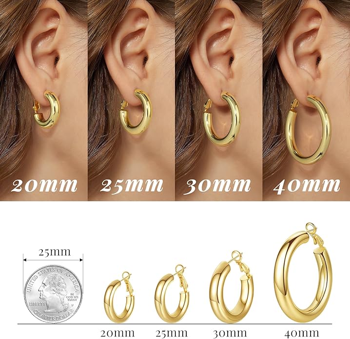 SHOWNII Chunky Gold Hoop Earrings - 14K Gold Plated Earrings for Women Hollow Tube Thick Hoops Graduation Gifts for Her