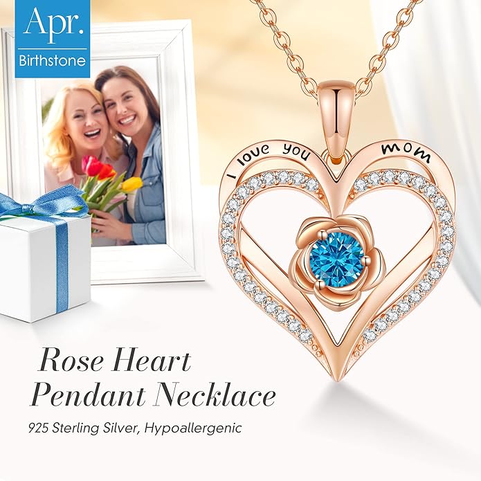 CDE Christmas Gifts for Women S925 Silver Rose Gold Heart Birthstone Necklaces for Women，Ideal Anniversary or Birthday Jewelry Gifts for Wife Girlfriend Her