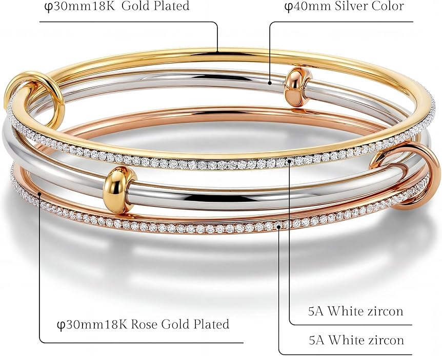 Musishiyu Gold Bracelets for Women Stacking Bangle - 18K Mixed Metal Tri-Color Rolling Interlocking Bands, Cubic Zirconia Fidget Anxiety Jewelry, Valentine's Galentine's Day Gifts (Love, Loyalty, Friendship)