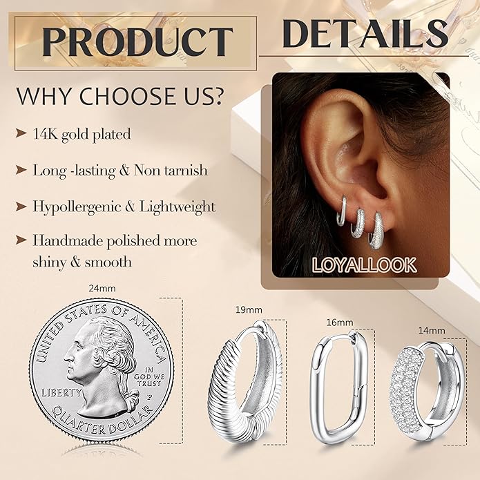 LOYALLOOK 3Pairs Gold Hoop Earrings Set for Women Trendy Huggie Hoop Earrings Stacks for Multiple Piercing 14K Gold Plated Chunky Hoop Earrings Set Hypoallergenic Cartilage Earring Lightweight