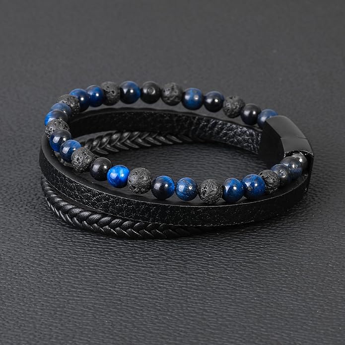 Gifts for Men - Layered Leather Beads Bracelet, Tiger Eye Lava Rock Stone Braided Leather Bracelets for Men Adjustable Magnetic Clasp Birthday Gifts