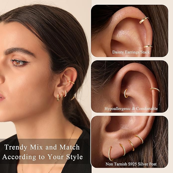 DORANA Valentines Day Gift 3 Pairs 925 Sterling Silver Earrings for Women Girls Non Tarnish Small Hypoallergenic Huggie Hoops Cartilage Stack Earring Sets for Multiple Piercing