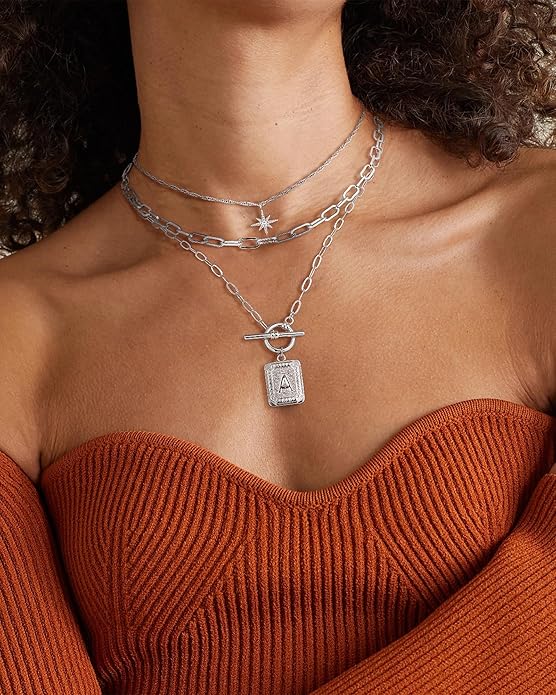 MJartoria Layered Initial Necklaces for Women Trendy, 14K Gold Plated Brass Simple Star Choker Square Letter Pendant Necklace, Paperclip Chain Necklaces Jewelry Gifts