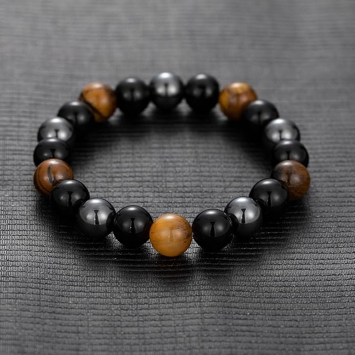 RANKEEF Mens Bead Bracelet Set - Adjustable Elastic Rope With 6&8MM Natural Stone Multi-Colored Beads - Tiger Eye Bracelets for Men - Gift