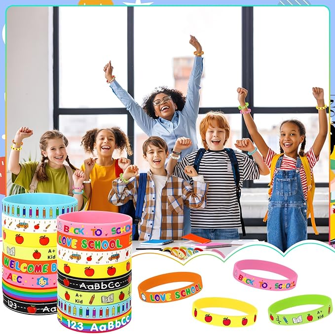 JUNEBRUSHS 64Pcs Welcome Back to School Party Favors Silicone Bracelets Rubber Wristbands for First Day of School Party Decorations Kindergarten Preschool Favors Supplies(8 Designs)