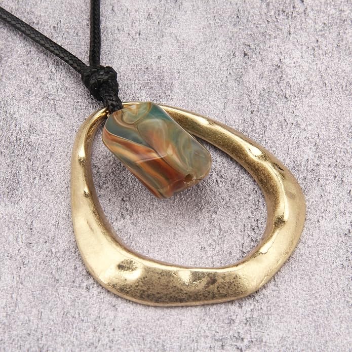 Long Boho Necklaces for Women Vintage Leather Wooden Pendant Y Choker Ethnic Style Gold Circle Hippie Sweater Necklace