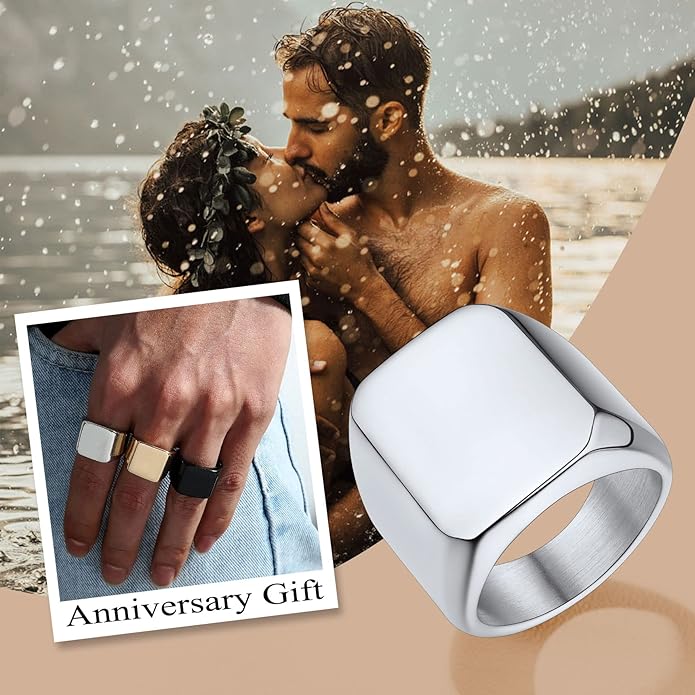 Bestyle Stainless Steel Signet Ring for Men Women in Gold/Black/Silver/Vintage Gray Tone, Chunky Thick Heavy Dome Band Ring Cool Finger Ring, Gift for Dad Husband, Size 7-14 Customizable