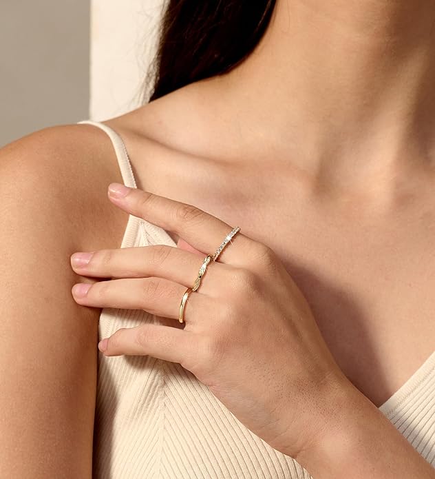 DEARMAY Stackable Gold Plated Rings for Women Non Tarnish, Dainty 14K Gold Diamond Rings Set Thumb Fashion Thin Cubic Zirconia Pack Simple Unique Statement Rings Jewlery 5/6/7/8/9/10