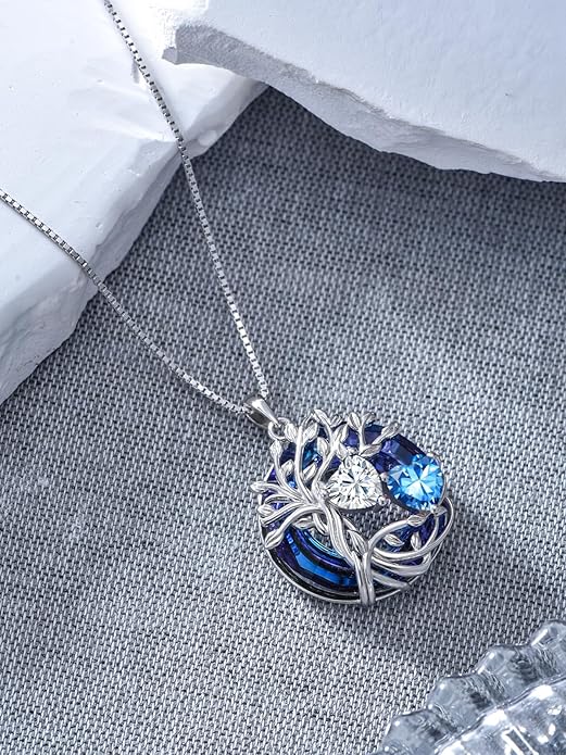 TOUPOP s925 Sterling Silver Family Celtic Tree of Life Pendant Necklaces with 2 Heart Birthstone with Blue Austrian Crystal Jewelry Birthday Anniversary Christmas Gifts for Her Wife Girlfriend Mom (18K Real White Gold Filled)