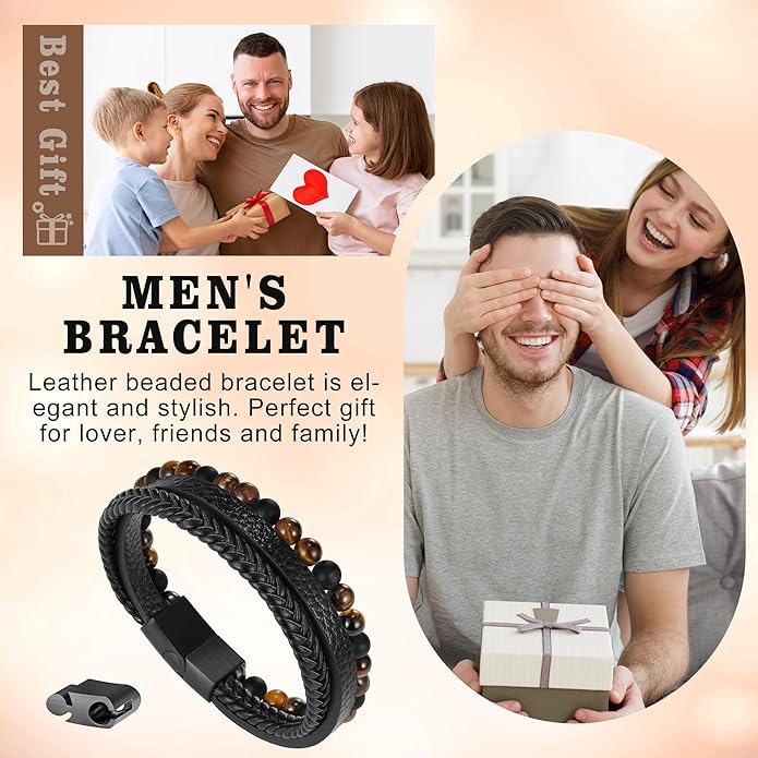 Gifts for Men - Layered Leather Beads Bracelet, Tiger Eye Lava Rock Stone Braided Leather Bracelets for Men Adjustable Magnetic Clasp Birthday Gifts