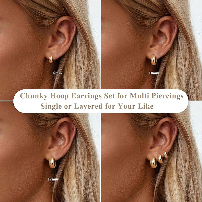Small Chunky 14K Gold Plated Hoop Earrings for Women - Hypoallergenic Earrings for Sensitive Ears Earrings Set Thick Huggie Hoops Earring Stacks Silver Plated Jewelry